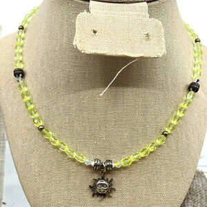 Vintage Handmade Silver Sun Pendant Necklace with Green Faceted Crystals